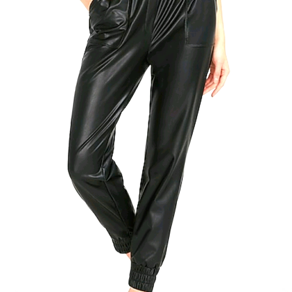 High Waisted Vegan Leather Jogger Pant in Black